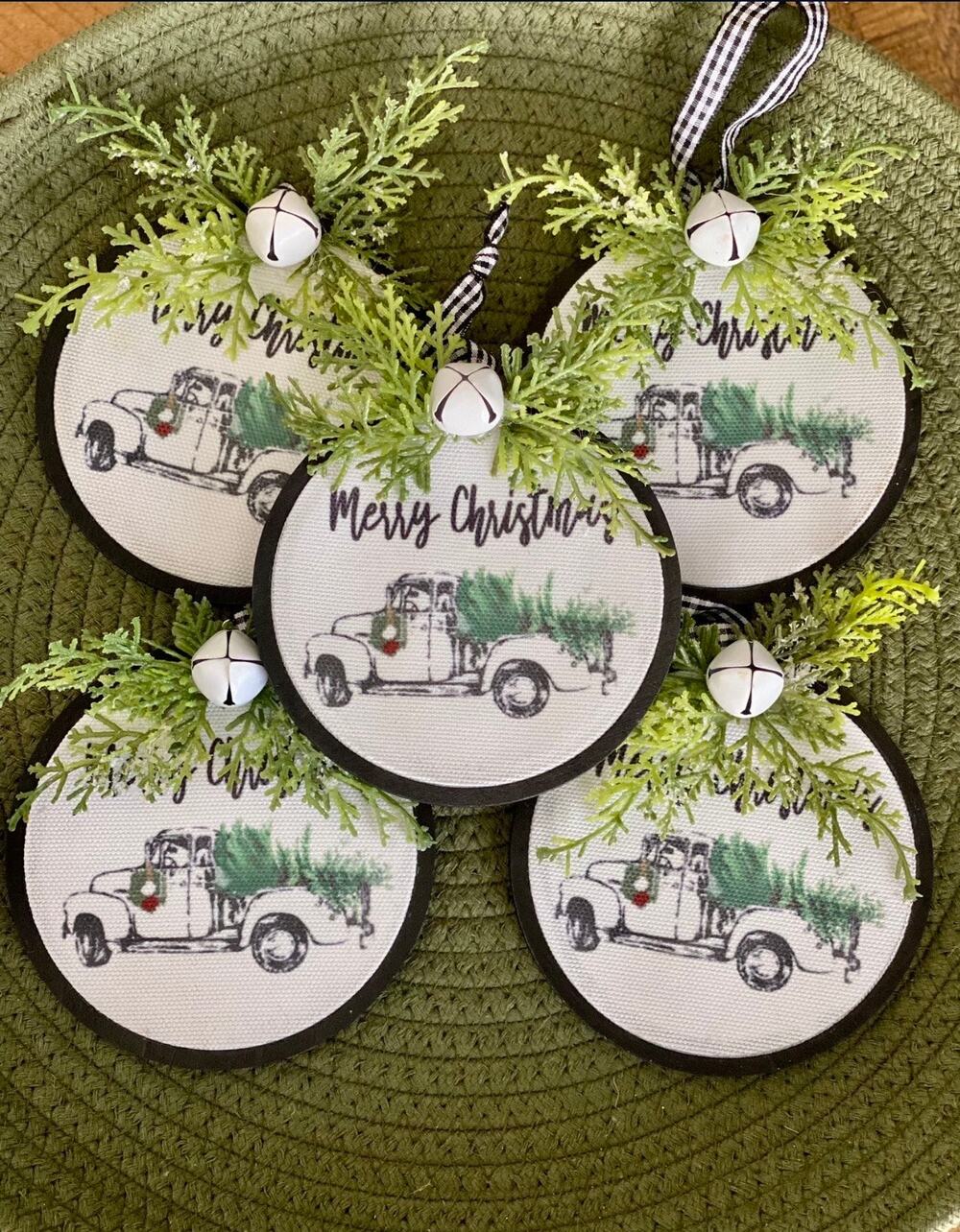 Country Farmhouse Christmas Rustic White Pick-up Truck Ornament Set of 5  (4.5”)